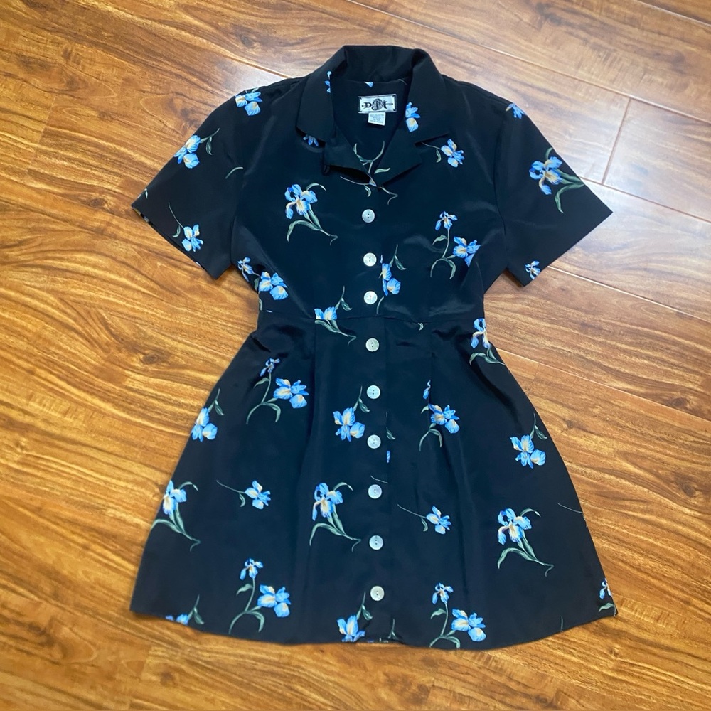 Vintage DJI Juniors Blue Floral Button Short Sleeve Shirt Dress Size 9 Retro